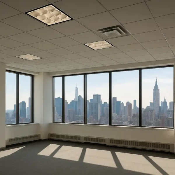 Commercial movers Manhattan. An empty modern office in Manhattan with floor-to-ceiling windows overlooking the NYC skyline, reflecting the rise in commercial relocations due to office lease inflation.