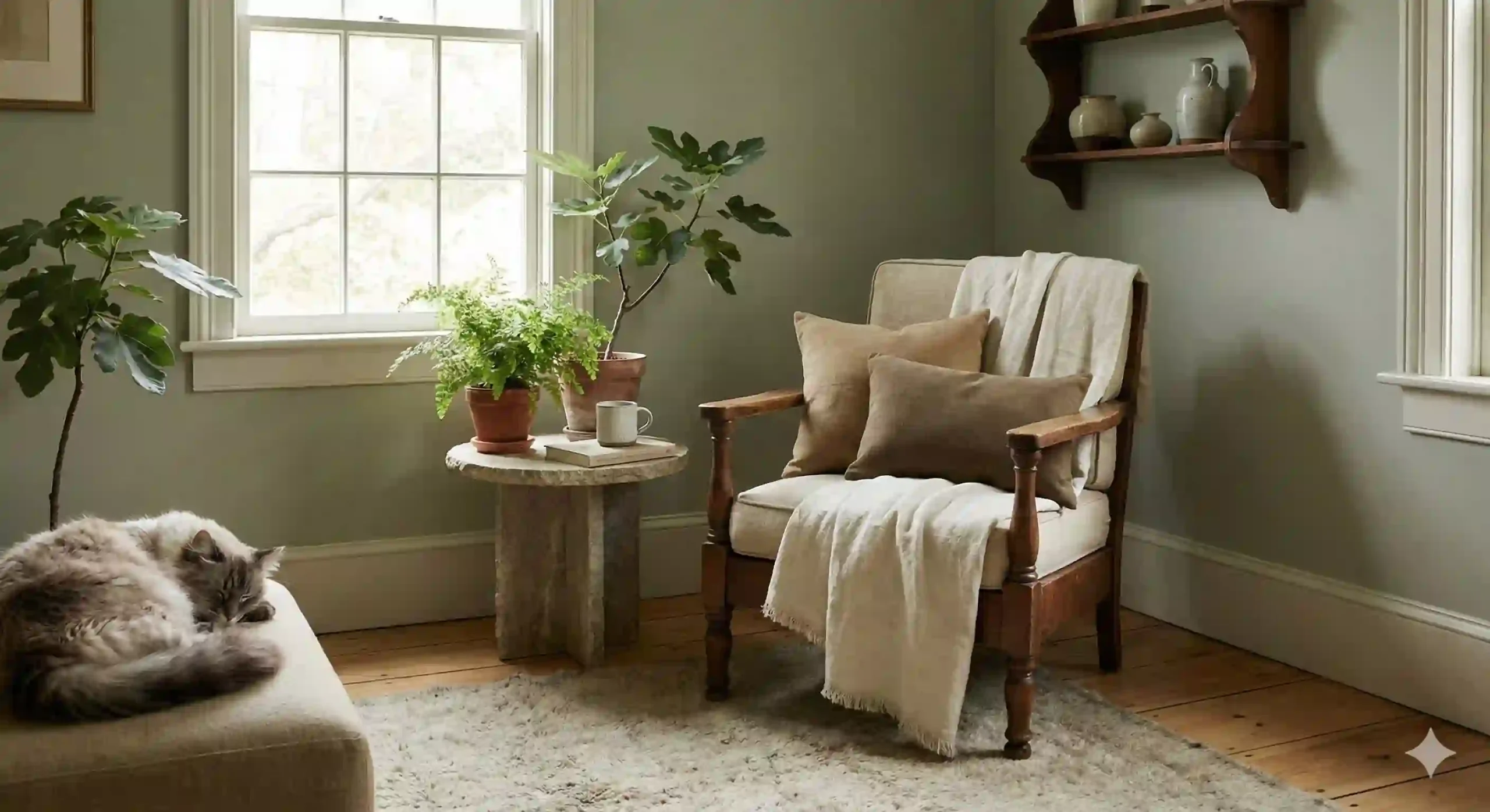 A cozy, slow-living inspired living room corner bathed in natural light, featuring a vintage wooden armchair with linen throws and pillows, a sleeping cat on an ottoman, and a stone side table with potted plants, a book, and a ceramic mug.